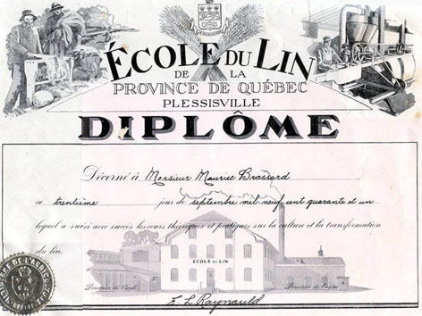 Diplôme de Maurice Brassard de l'école de lin de Plessisville