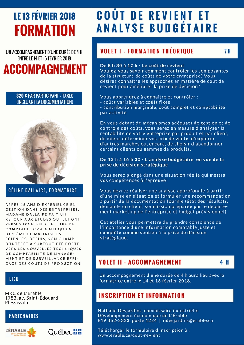 Formation coût de revient et analyse budgétaire avec Céline Dallaire