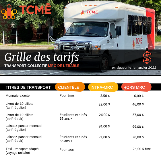 Grille tarifs - transport adapté MRC de L'Érable