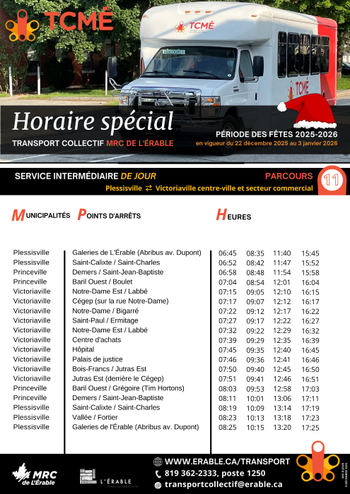 Horaire spécial temps des fêtes 2025-2026 transport collectif MRC de L'Érable
