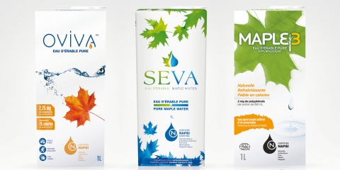 La toute nouvelle eau d'érable pure certifiée NAPSI maintenant en vente Contenants d'eau d'érable SEVA, OVIVAMC et MAPLE3